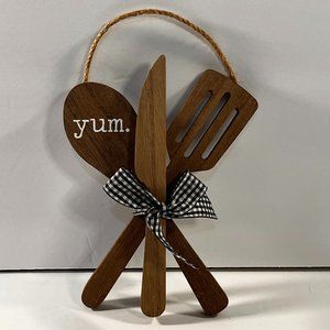 YUM Spoon Fork Knife Wall Decor Wood Gingham Bow Jute Hanger 7" x 5" Kitchen